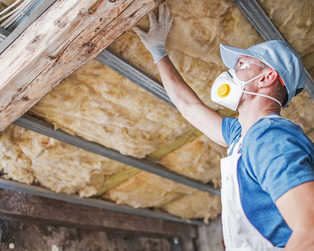 Builder Fitting Insulation Into Roof Of New Home. 